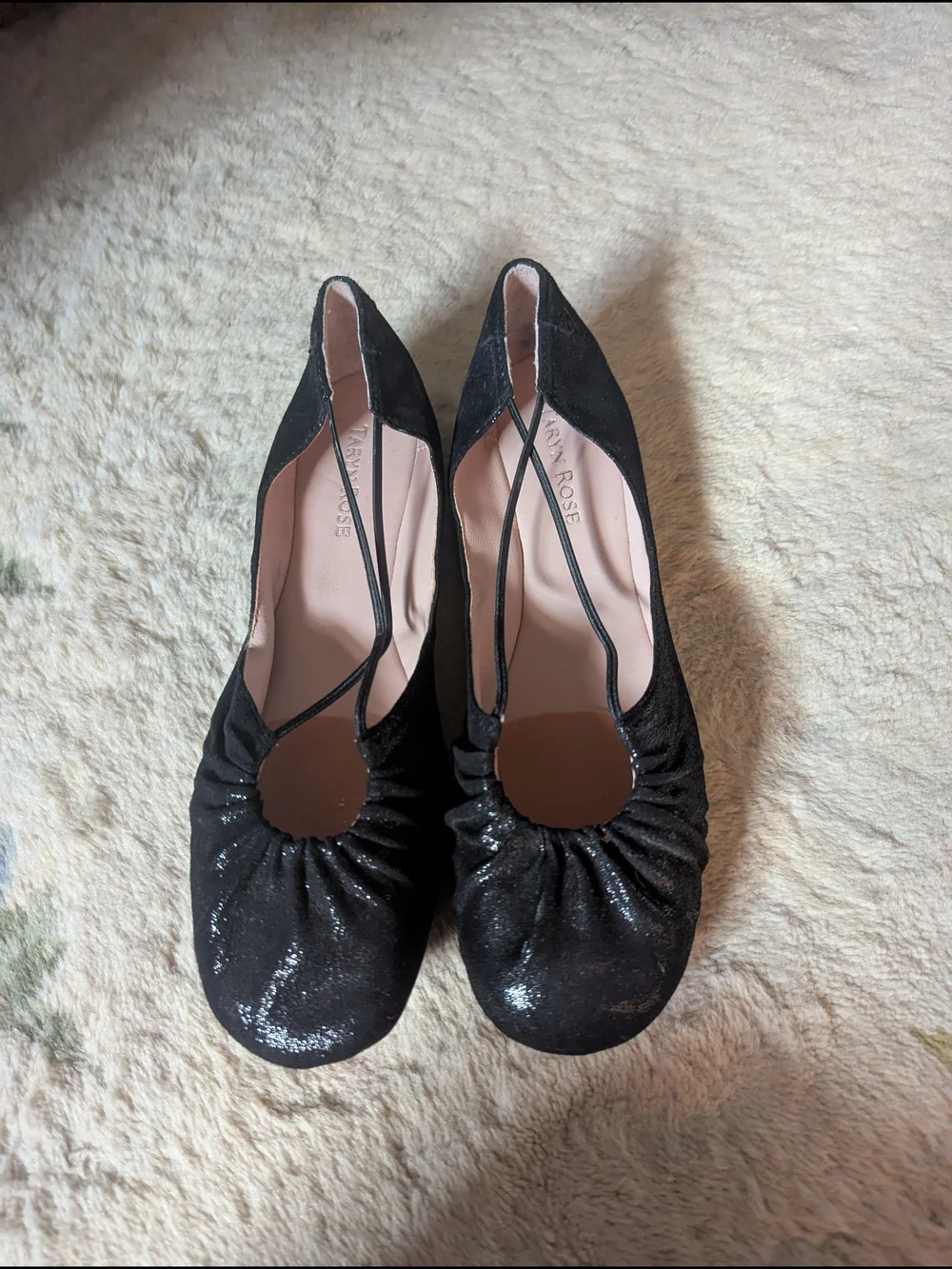 Taryn Rose Black Shimmery Ruched T-Strap Flats